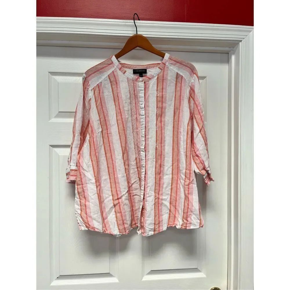 Lane Bryant Linen Peach Pink & White Stripe Embroidered Button Down Collarless S